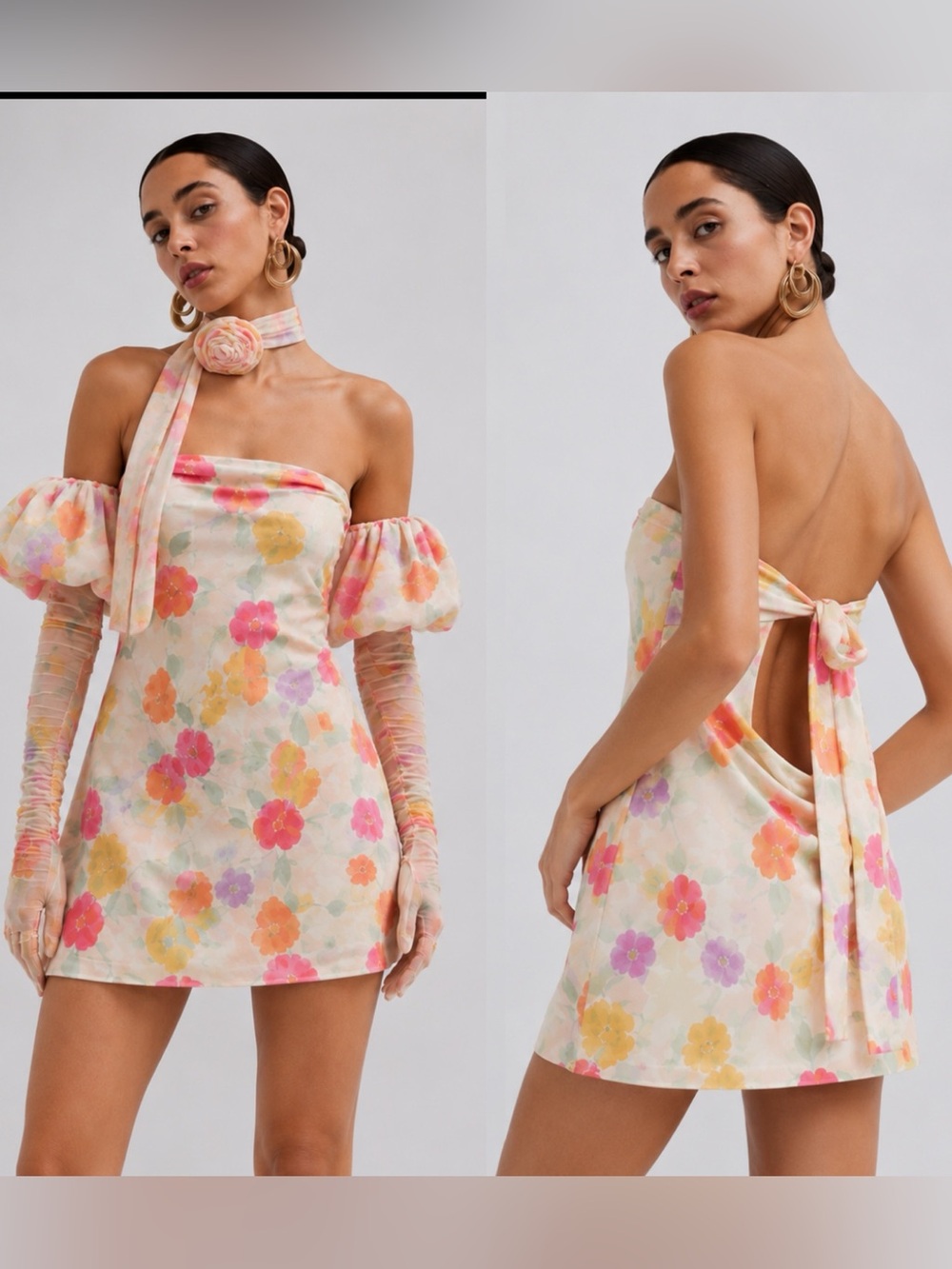 For Love & Lemons Hazel Floral Mini Dress with Removable Puff Sleeve Gloves